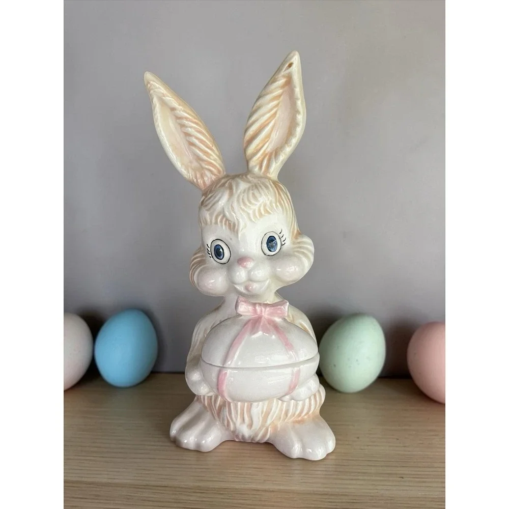 Vintage Easter Bunny Rabbit Ceramic Trinket Box Lusterware Candy Dish Pearl 7